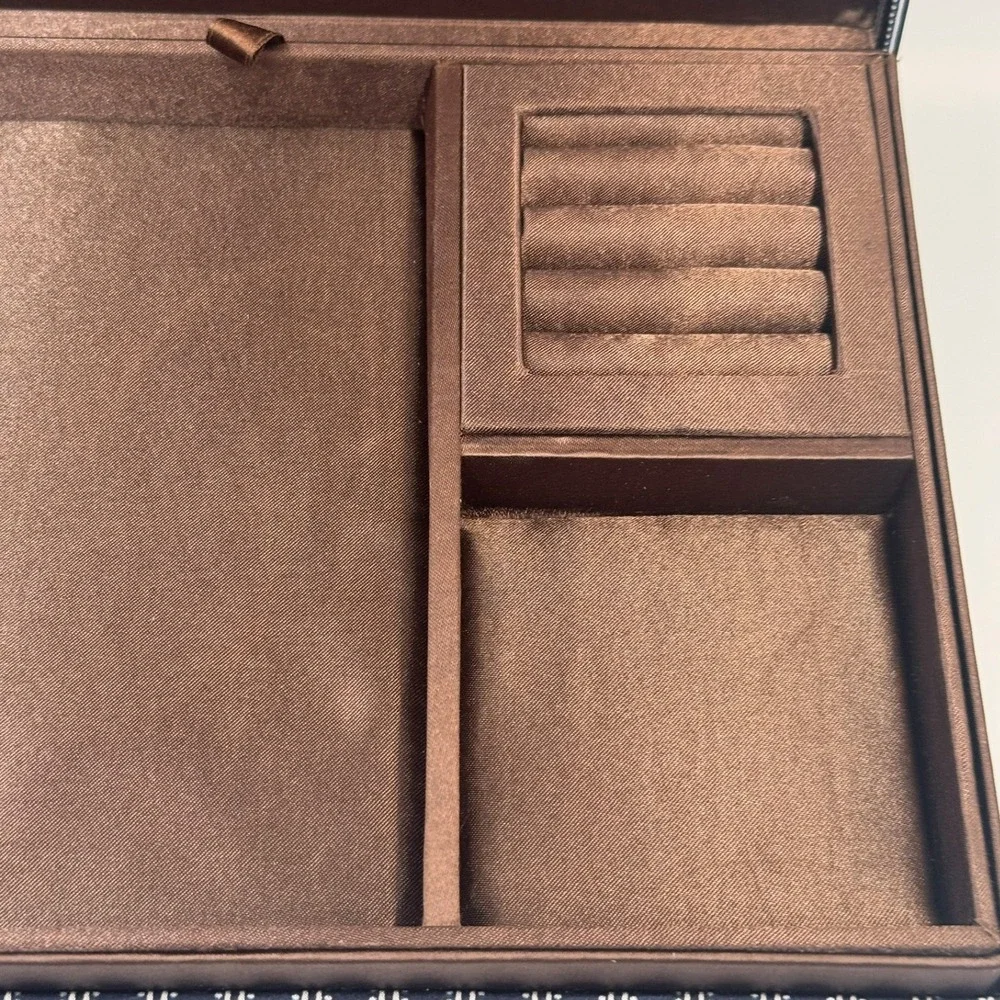 Avon Jewelry Box Navy Blue Pinstripe Brown Satin Lining Removable Tray Organizer